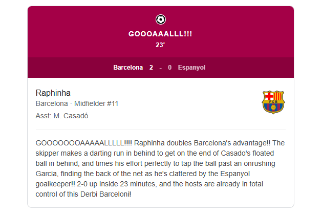 Gooaall 23 minute Raphinha Barcelona midfielder 