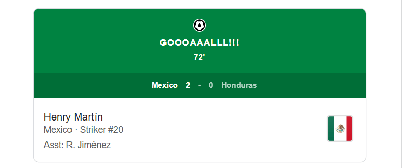 Henry Martin, a striker for the Mexican national team wearing the number 20 jersey, scored a goal in the 72nd minute of the match against Honduras. 