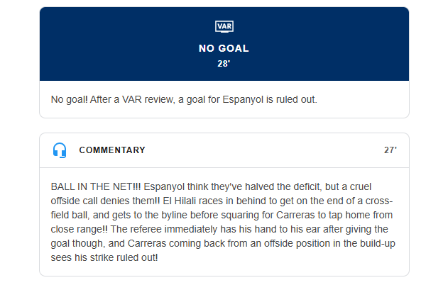 No goall After a VAR review, a goal for Espanyol is ruled out.