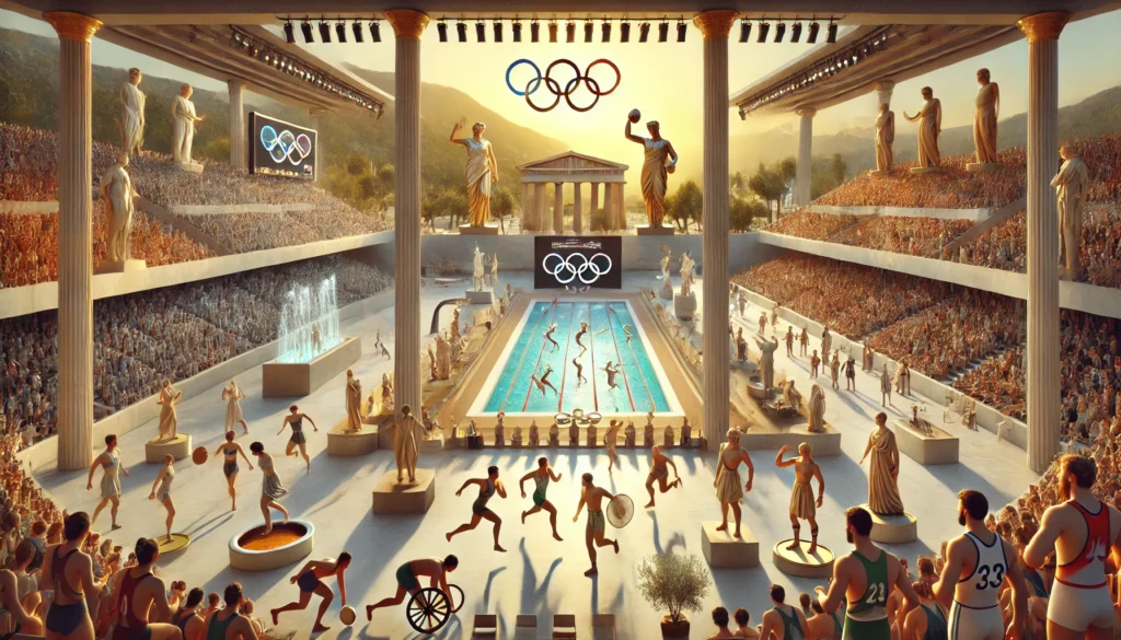  ancient and modern Olympic sports, showcasing athletes from both eras competing in a unified, timeless stadium.